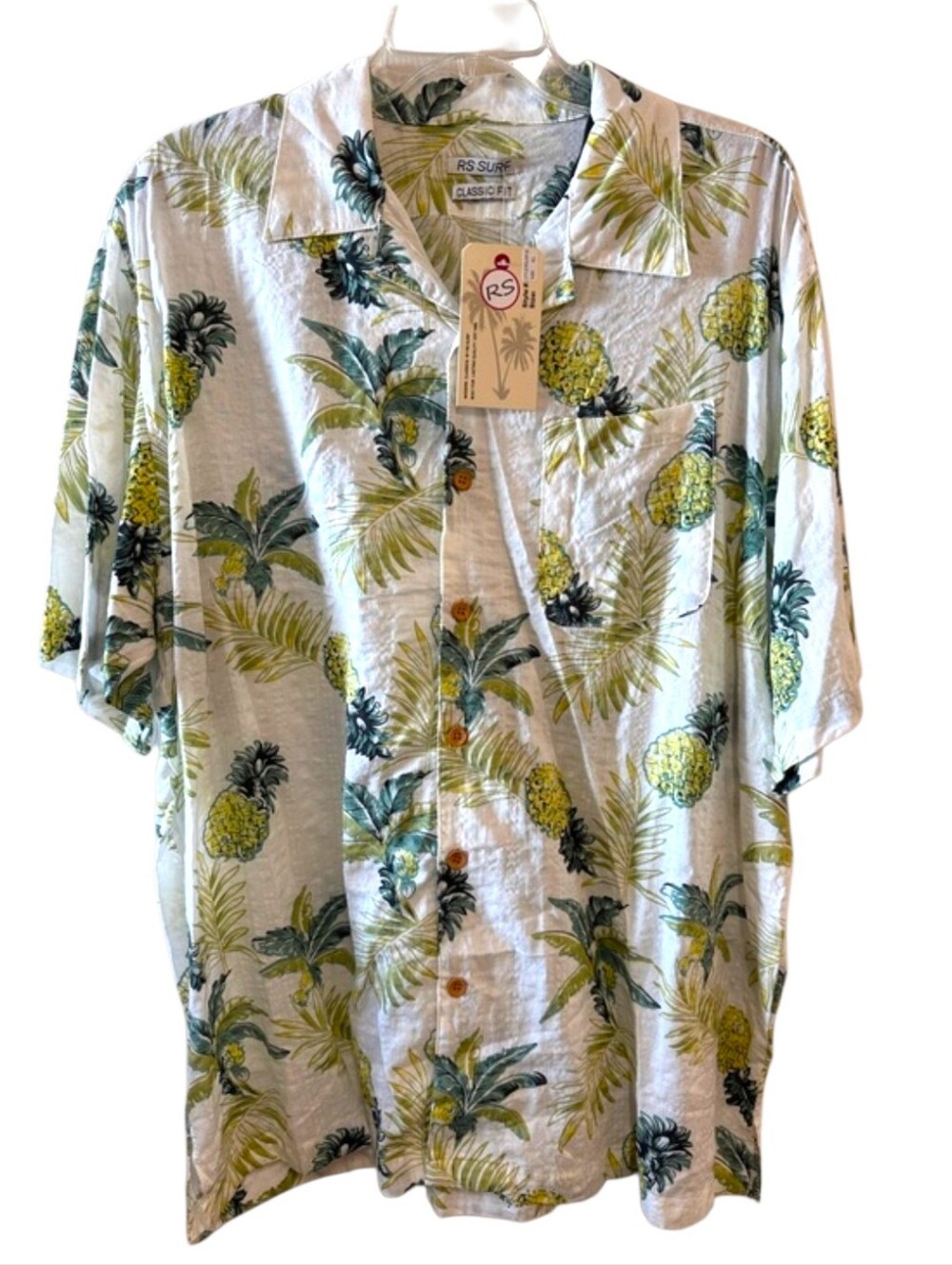 RS Surf Classic Fit Pineapple Print Button Down Shirt Linen Blend White Green XL